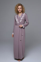 Lace Collar Maternity-Nursing Nightgown & Lace Sleeve Robe Set Lilac - 24548