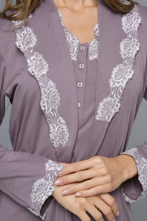 Lace Collar Maternity-Nursing Nightgown & Lace Sleeve Robe Set Lilac - 24548