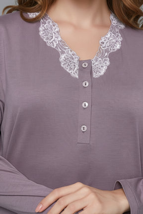 Lace Collar Maternity-Nursing Nightgown & Lace Sleeve Robe Set Lilac - 24548