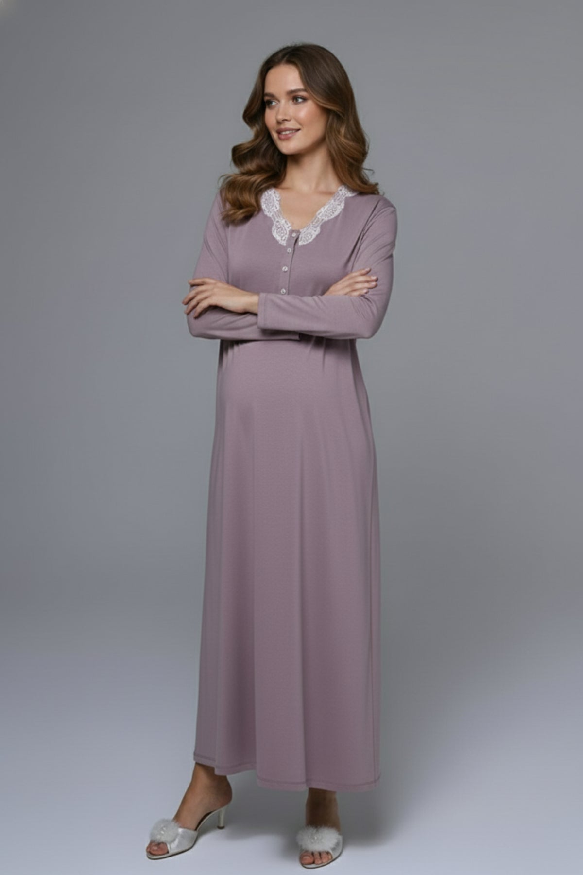Lace Collar Maternity-Nursing Nightgown & Lace Sleeve Robe Set Lilac - 24548