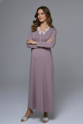 Lace Collar Maternity-Nursing Nightgown & Lace Sleeve Robe Set Lilac - 24548