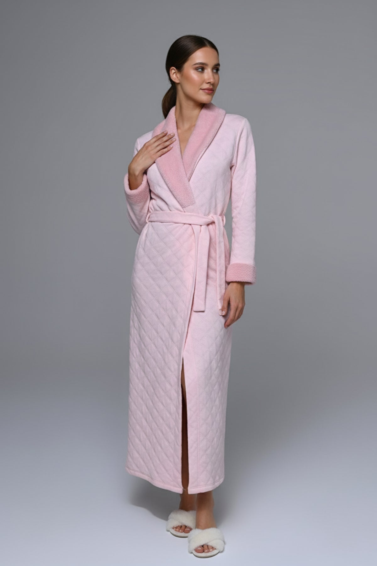 Fur Collar Quilted Maternity Robe Pink - 24605
