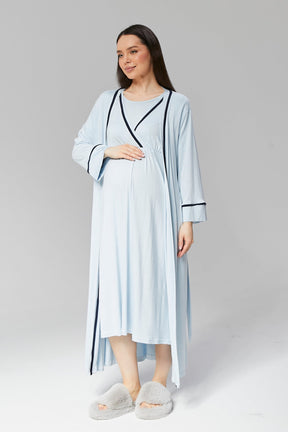 Striped Double Breasted Maternity-Nursing Nightgown & Robe Set Blue - 506