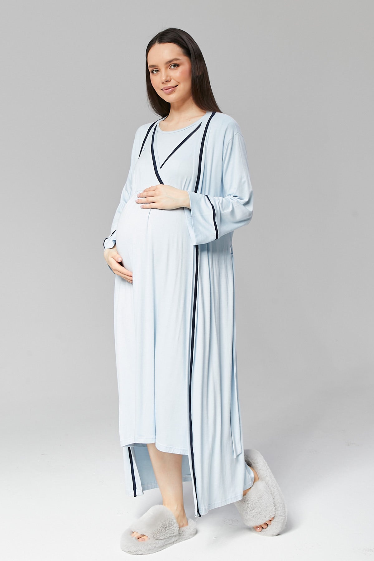 Striped Double Breasted Maternity-Nursing Nightgown & Robe Set Blue - 506