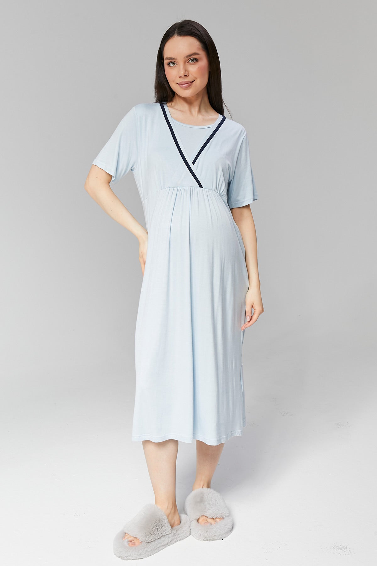Striped Double Breasted Maternity-Nursing Nightgown & Robe Set Blue - 506