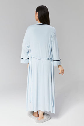 Striped Double Breasted Maternity-Nursing Nightgown & Robe Set Blue - 506