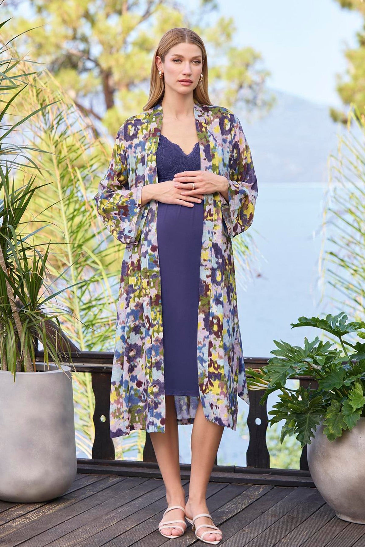 Strapped Lace Collar Maternity-Nursing Nightgown & Patterned Robe Set Purple - 25053