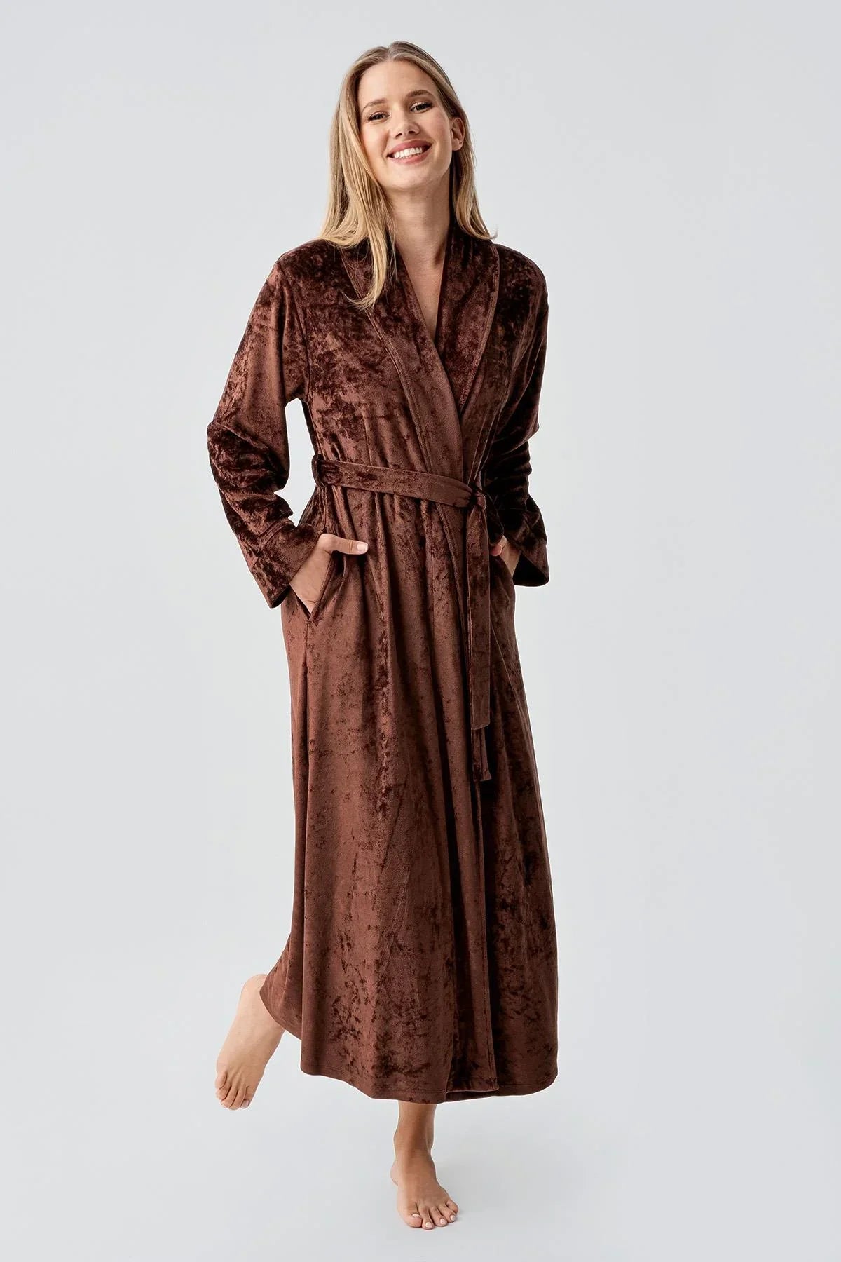 Velvet Long Maternity Robe Coffee - 25100