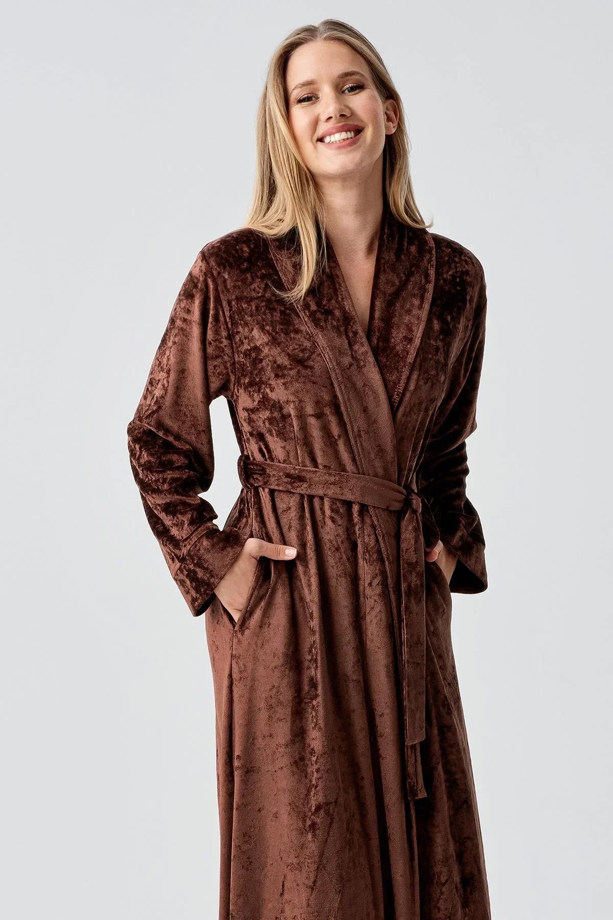 Velvet Long Maternity Robe Coffee - 25100