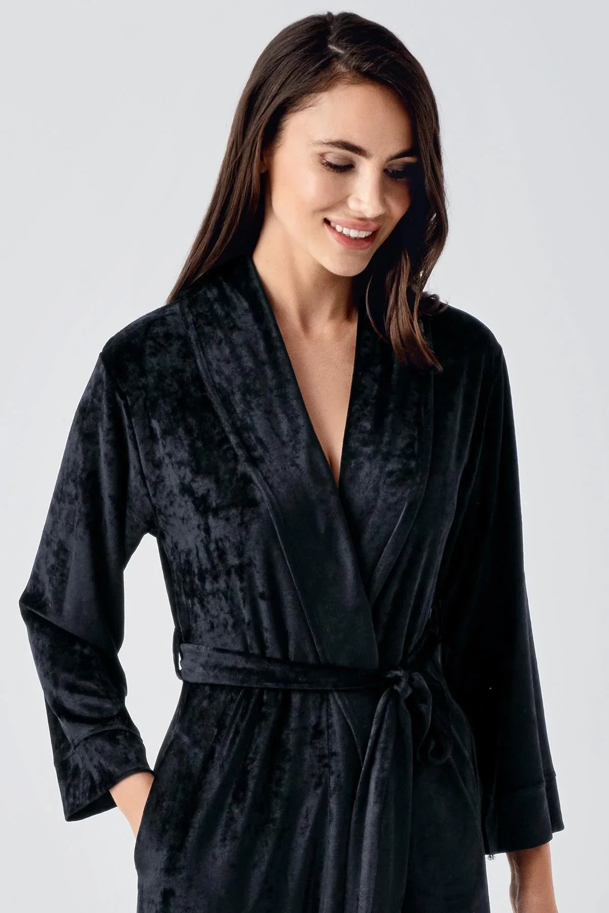 Velvet Long Maternity Robe Black - 25100