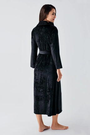 Velvet Long Maternity Robe Black - 25100