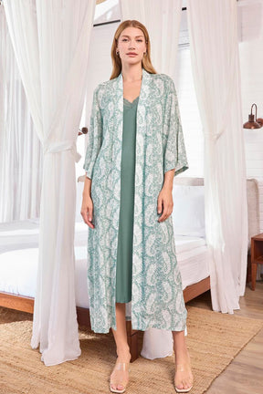 Lace Collar Strappy Maternity-Nursing Nightgown & Patterned Robe Set Green - 25109