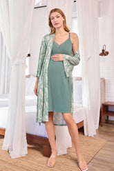 Lace Collar Strappy Maternity-Nursing Nightgown & Patterned Robe Set Green - 25109