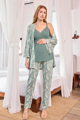 Lace Collar Strappy 3-Piece Maternity-Nursing Pajama & Patterned Robe Set Green - 25110