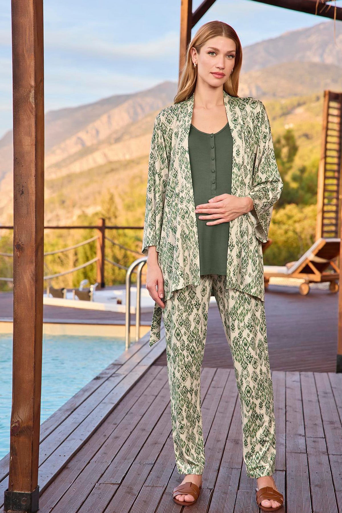 Lacy Strappy 3-Piece Maternity Feeding-Friendly Pajama & Patterned Robe Set Green - E25118