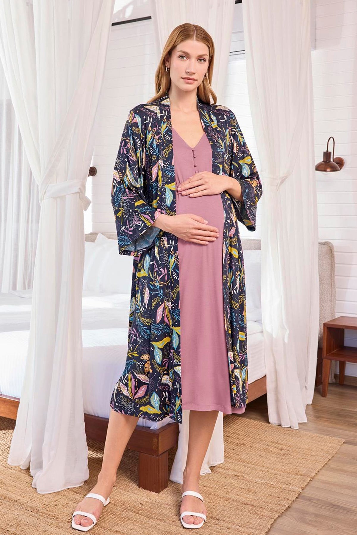 Lacy Maternity-Nursing Nightgown & Patterned Robe Set Dried Rose - 25122