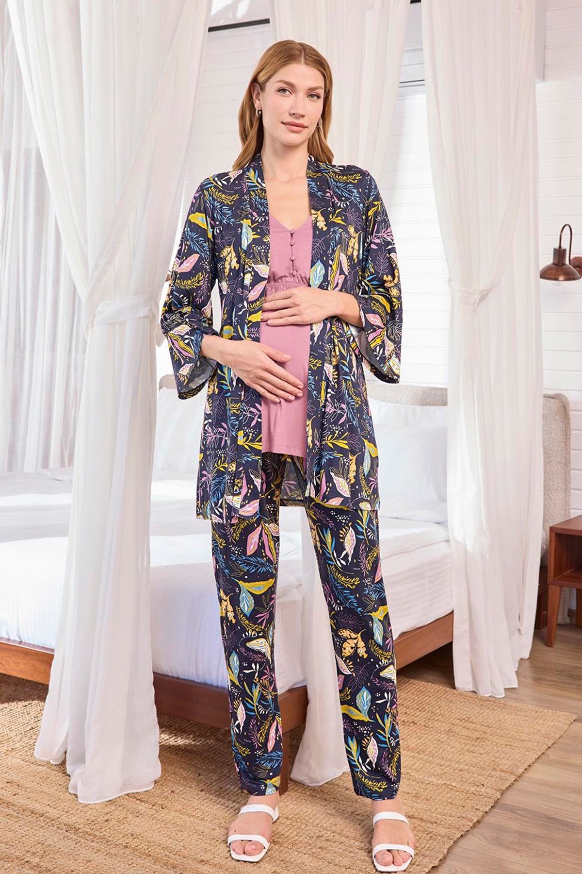 Lacy 3-Piece Maternity-Nursing Pajama & Patterned Robe Set Dried Rose - 25123