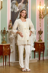 Lace Embroidered 3-Pieces Maternity & Nursing Pajamas With Robe Ecru - 25130