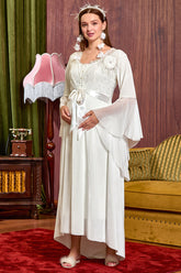 Velvet Lace Detailed Maternity Robe Ecru - 25134
