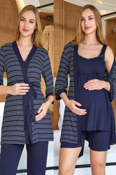 Strappy 4-Piece Maternity-Nursing Pajama,Shorts & Striped Robe Set Navy Blue - 25635