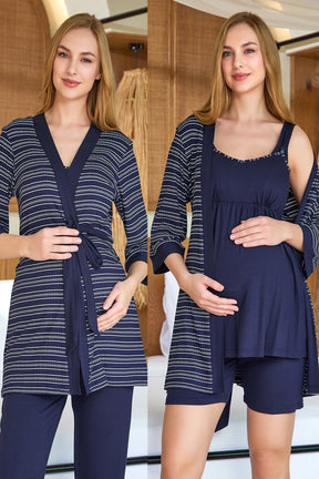 Strappy 4-Piece Maternity-Nursing Pajama,Shorts & Striped Robe Set Navy Blue - 25635