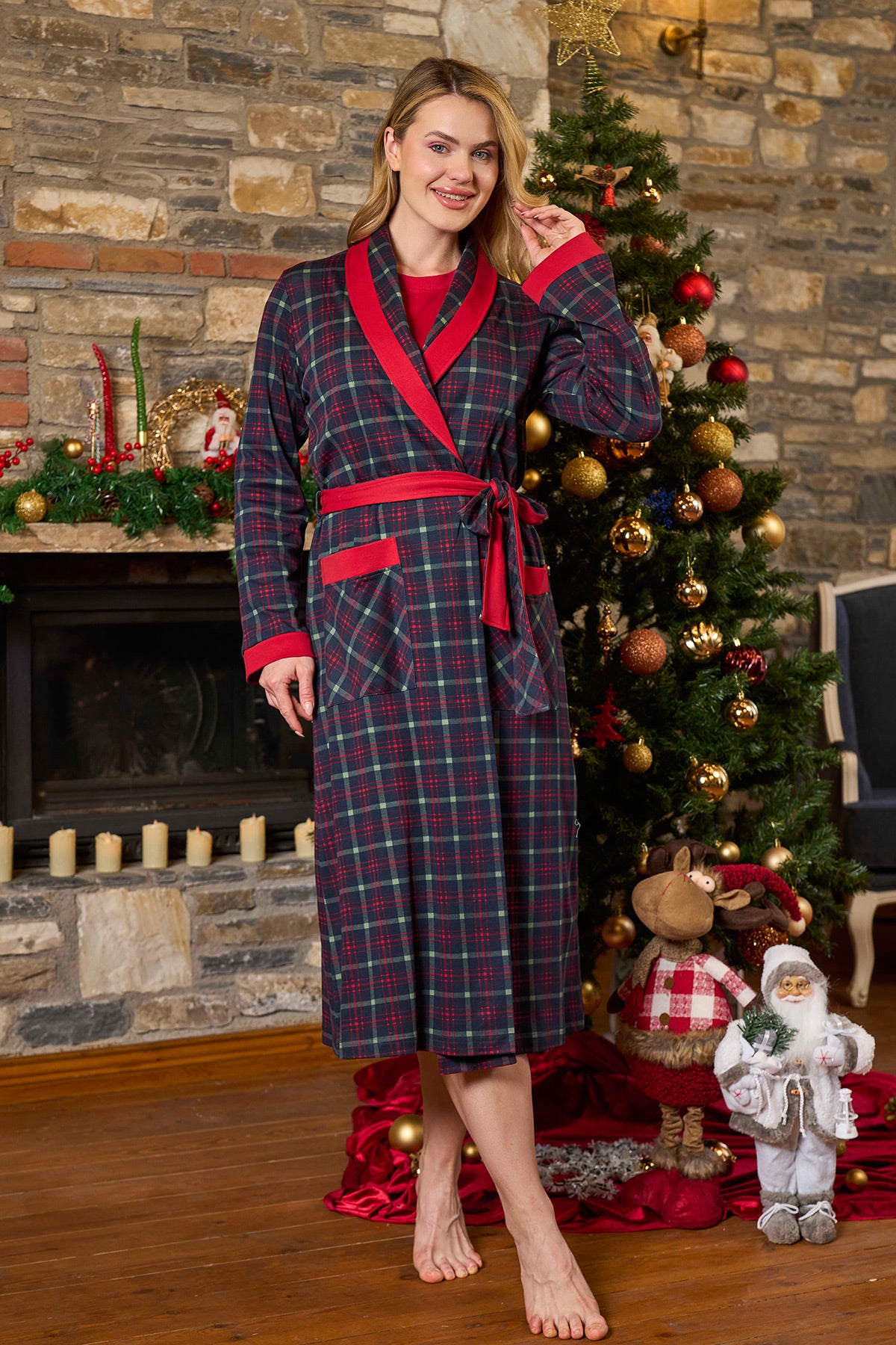 Plaid Patterned Maternity Robe Red - 26204