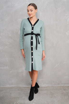 Ribbed V-Neck Cotton Midi Maternity & Nursing Dress Green - 2629