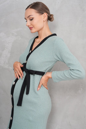 Ribbed V-Neck Cotton Midi Maternity & Nursing Dress Green - 2629
