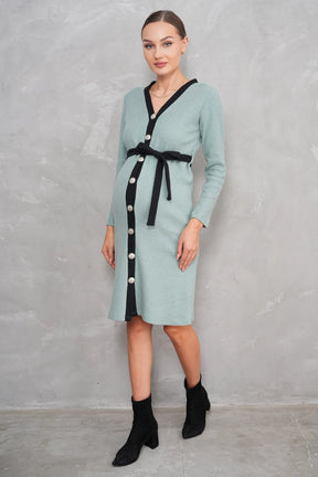 Ribbed V-Neck Cotton Midi Maternity & Nursing Dress Green - 2629