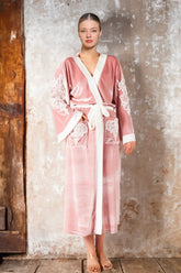 Embroidery Velvet Maternity Robe Powder - 26309