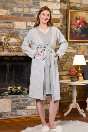 Lacy Edges Maternity-Nursing Nightgown & Striped Robe Set Grey - 311310