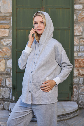 Hooded Buttoned Maternity & Nursing Tracksuit Grey - 26316