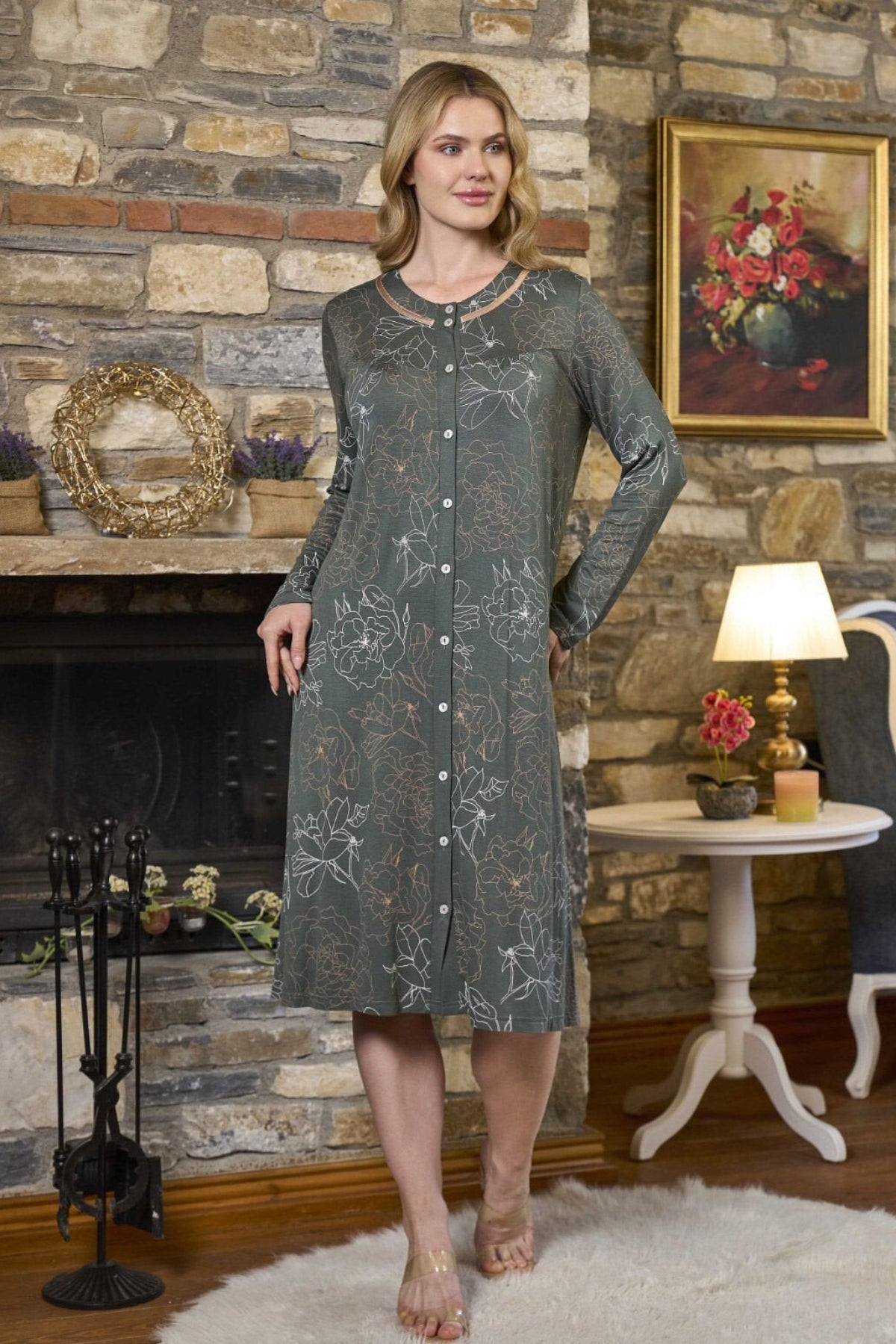 Patterned Buttoned Plus Size Maternity & Nursing Nightgown Green - 26391