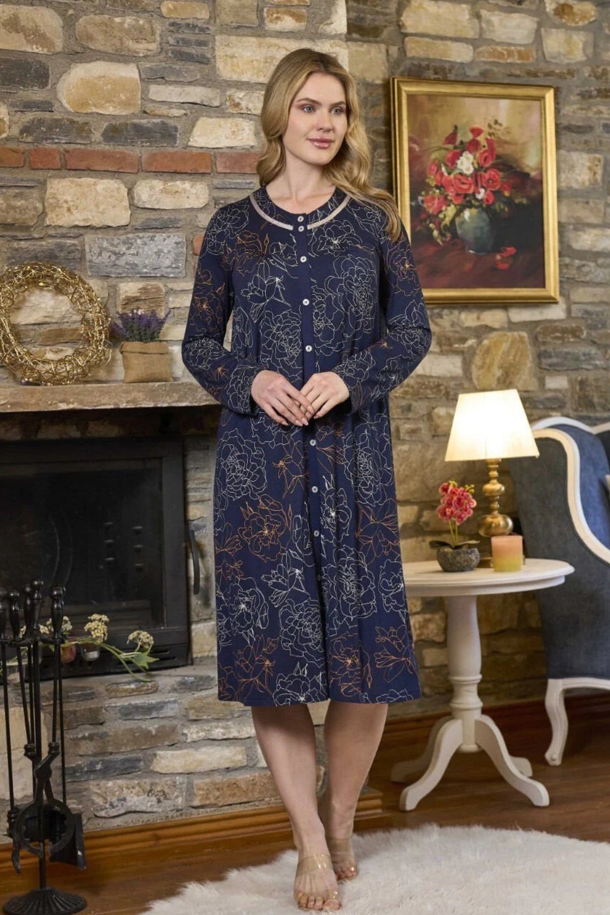 Patterned Buttoned Plus Size Maternity & Nursing Nightgown Navy Blue - 26391