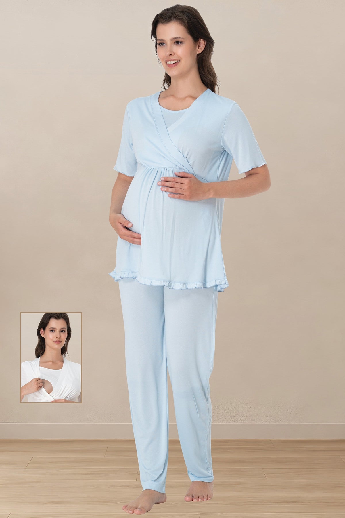 Pleated Sleeves Wrap Maternity & Nursing Pajama Set Blue - 3032