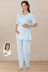 Pleated Sleeves Wrap Maternity & Nursing Pajama Set Blue - 3032