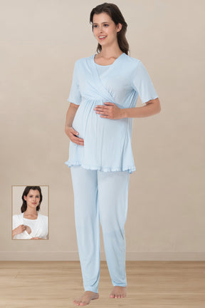 Pleated Sleeves Wrap 3-Piece Maternity-Nursing Pajama & Robe Set Blue - 3034