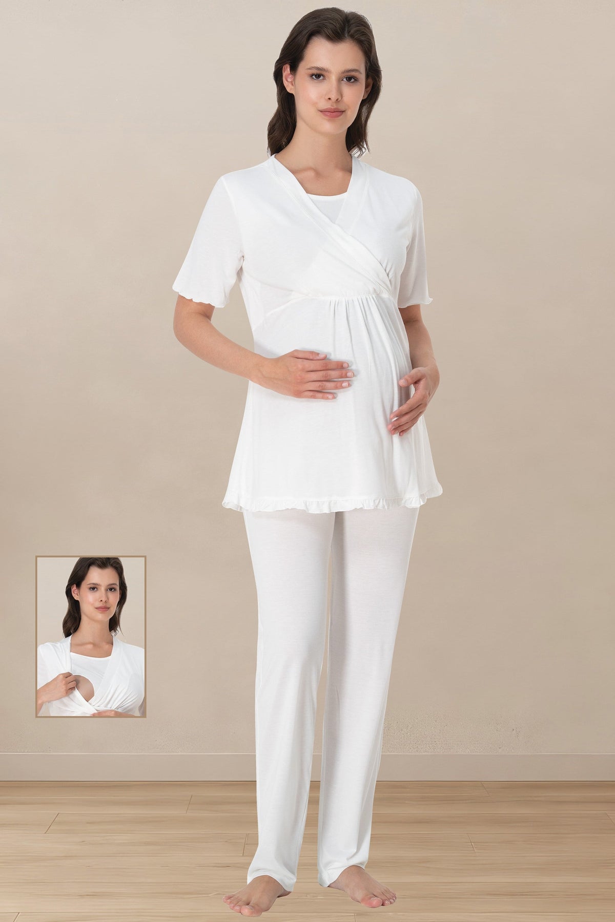 Pleated Sleeves Wrap Maternity & Nursing Pajama Set Ecru - 3032