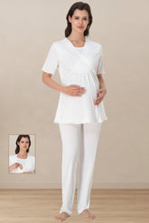 Pleated Sleeves Wrap Maternity & Nursing Pajama Set Ecru - 3032