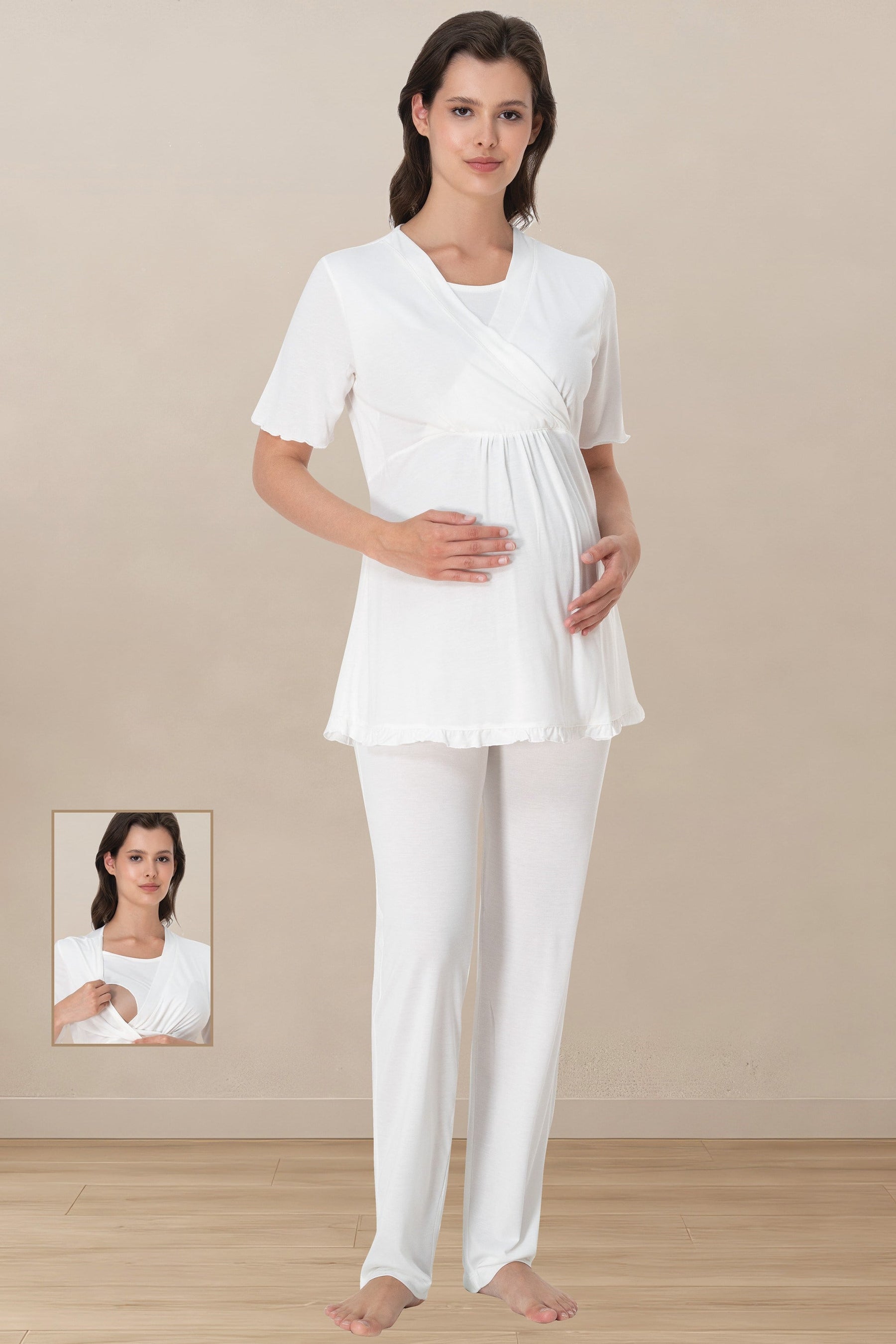 Pleated Sleeves Wrap 3-Piece Maternity-Nursing Pajama & Robe Set Ecru - 3034