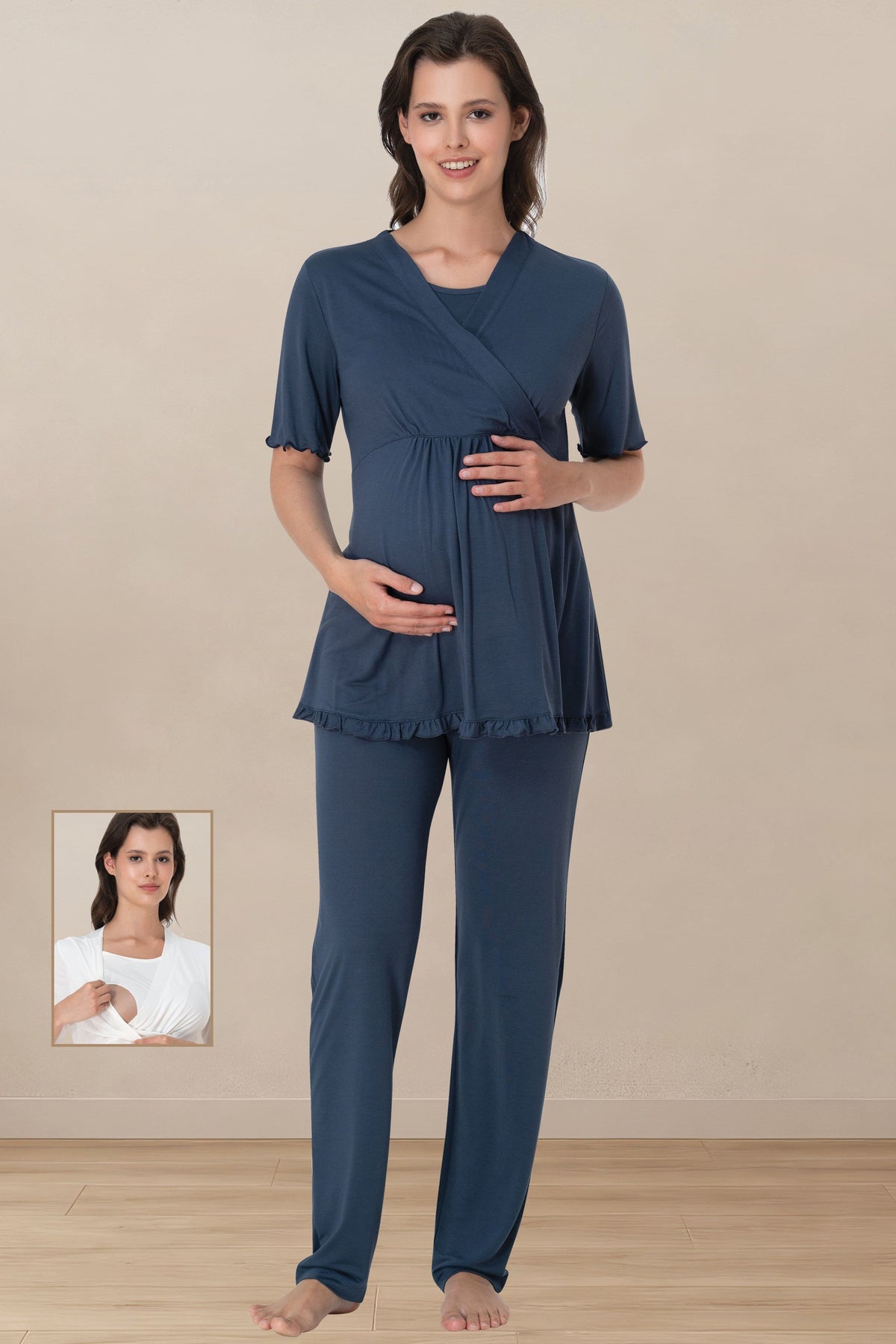 Pleated Sleeves Wrap Maternity & Nursing Pajama Set Indigo - 3032