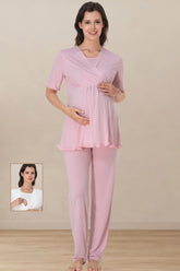 Pleated Sleeves Wrap Maternity & Nursing Pajama Set Pink - 3032