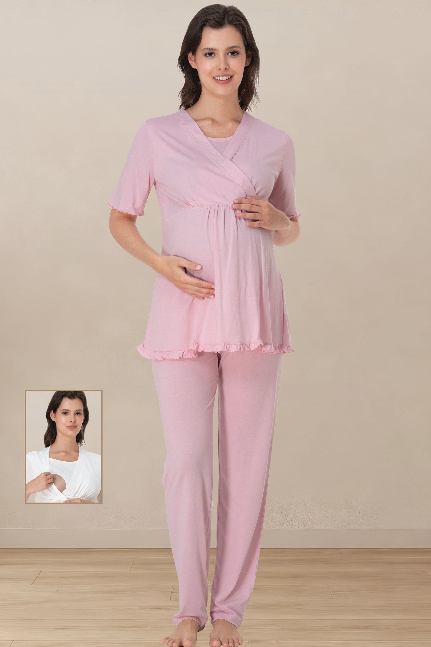 Pleated Sleeves Wrap 3-Piece Maternity-Nursing Pajama & Robe Set Pink - 3034