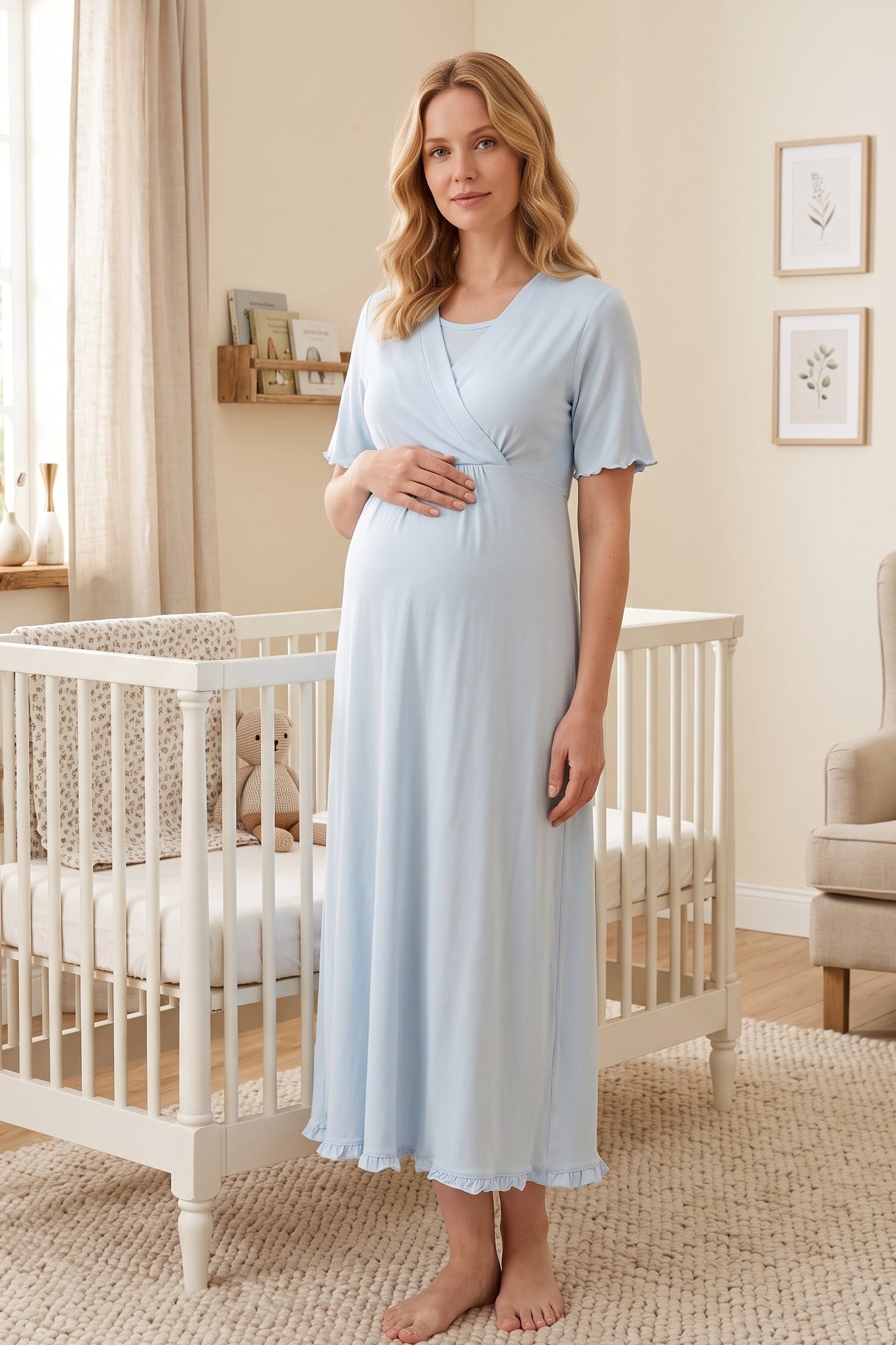 Pleated Sleeves Wrap Maternity & Nursing Nightgown Blue - 3033