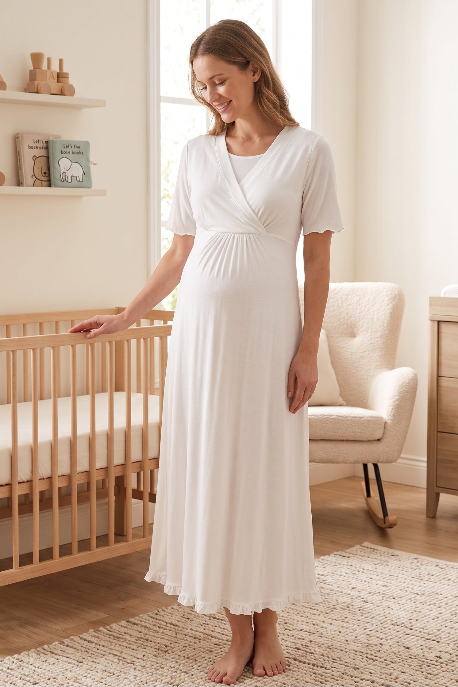 Pleated Sleeves Wrap Maternity & Nursing Nightgown Ecru - 3033