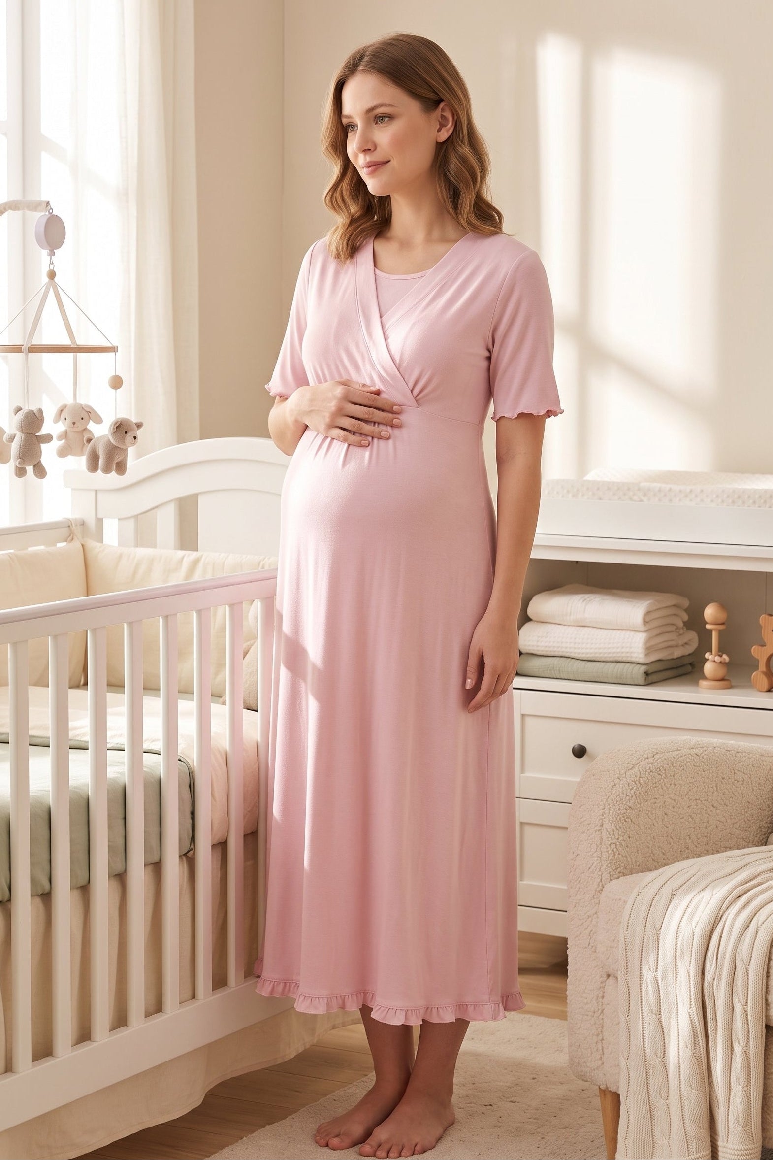 Pleated Sleeves Wrap Maternity & Nursing Nightgown Pink - 3033