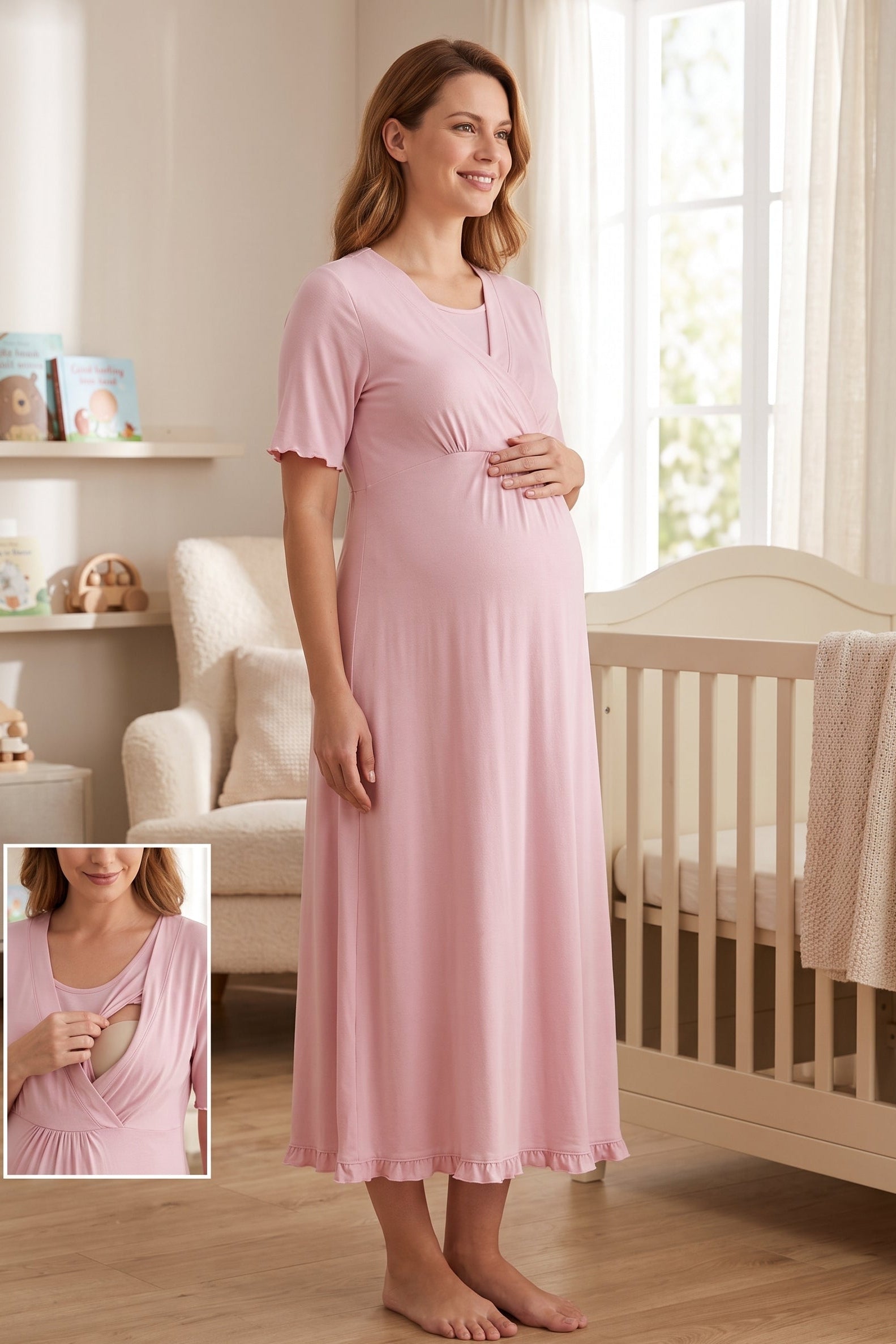 Pleated Sleeves Wrap Maternity & Nursing Nightgown Pink - 3033