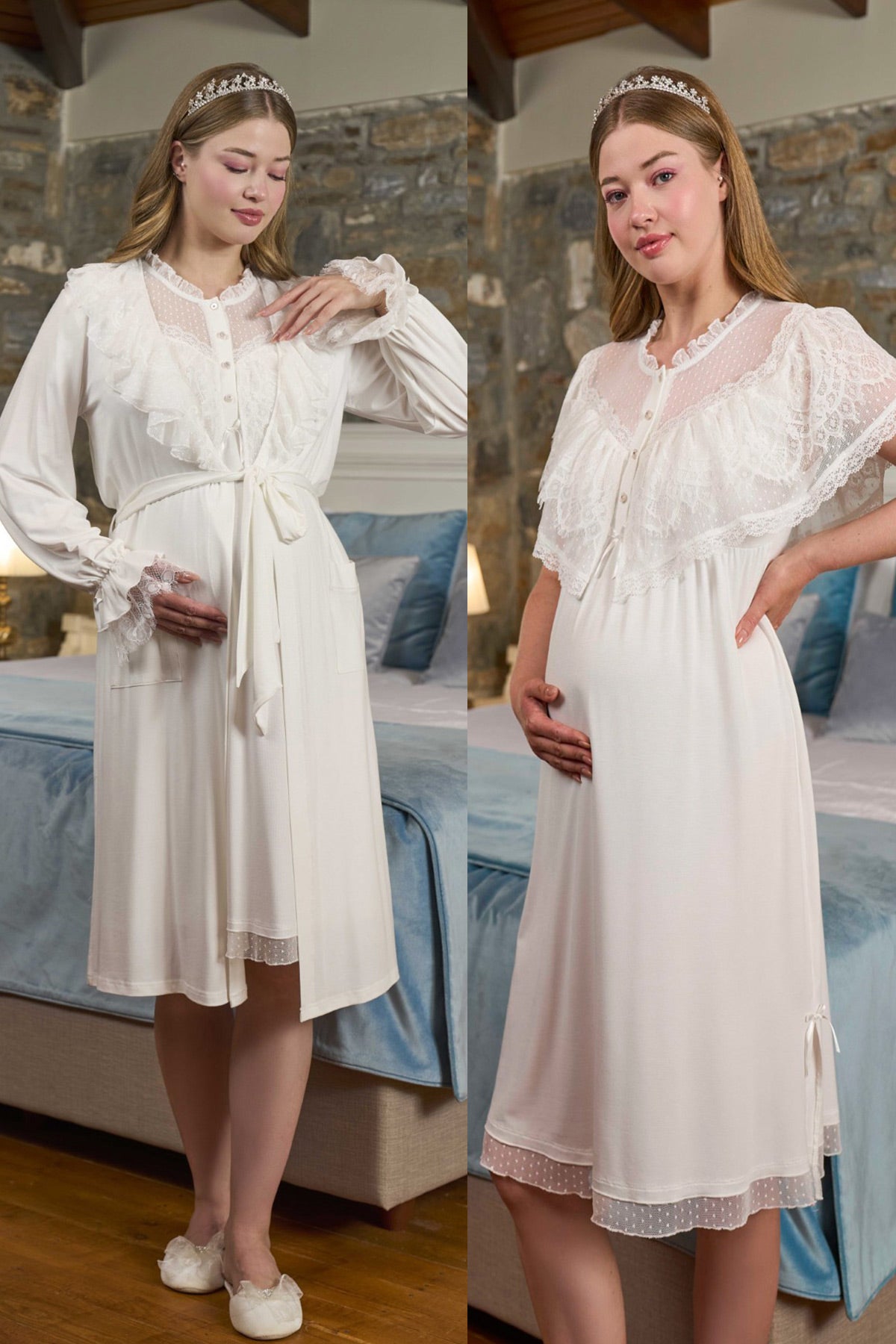 Lace Embroidered Maternity-Nursing Nightgown & Robe Set Ecru - 303301