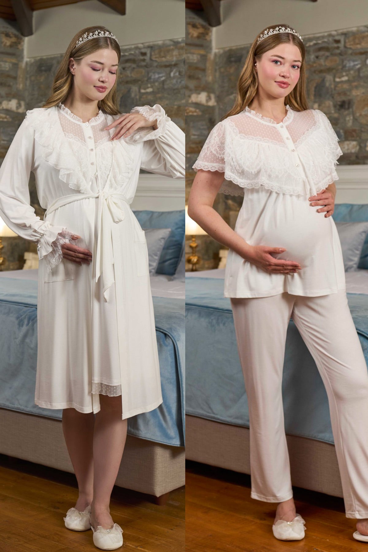 Lace Embroidered 3-Piece Maternity-Nursing Pajama & Robe Set Ecru - 303302