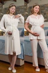 Lace Embroidered 3-Piece Maternity-Nursing Pajama & Robe Set Ecru - 303302